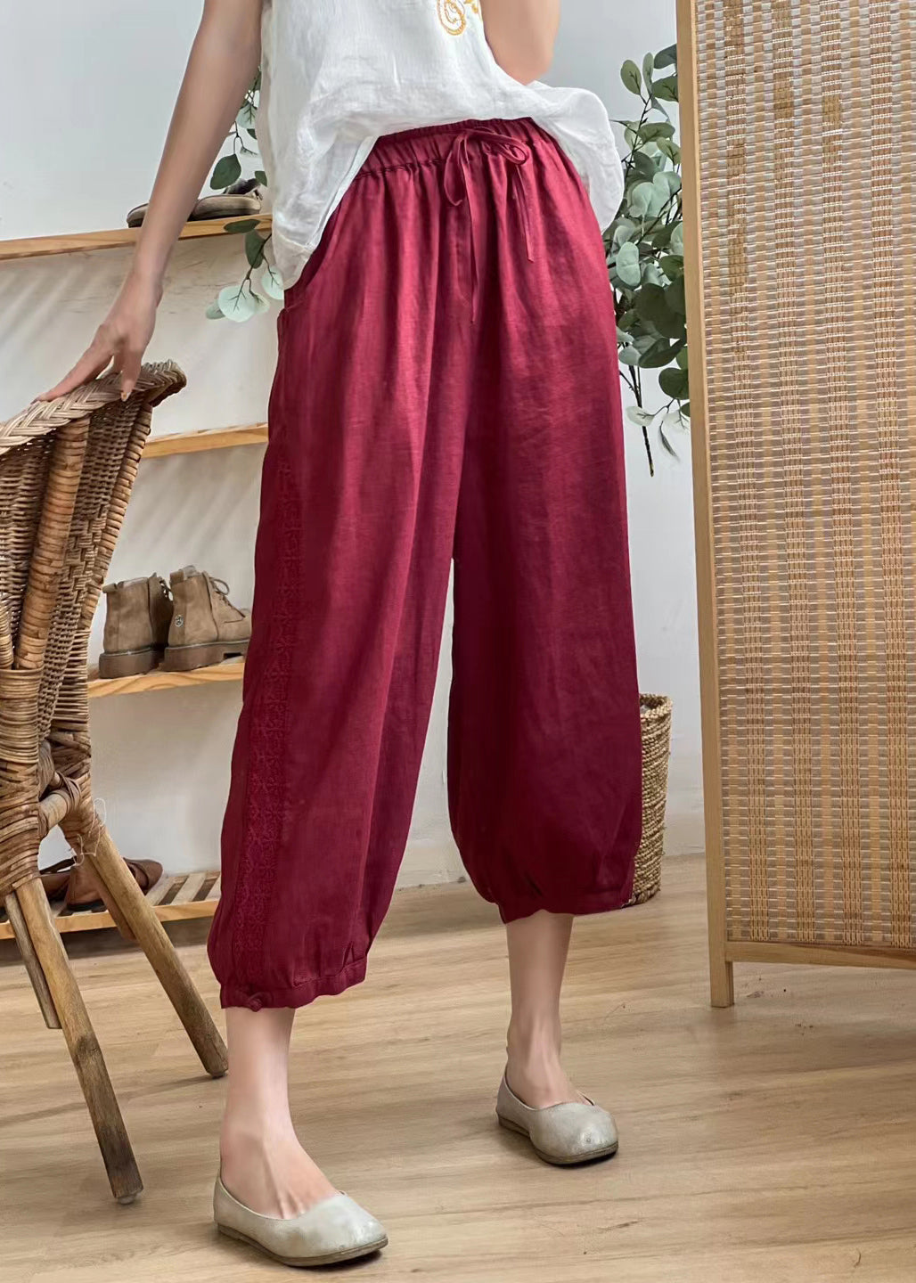 Linen Color Hollow Out Pockets Elastic Waist Harem Pants Summer Bv077