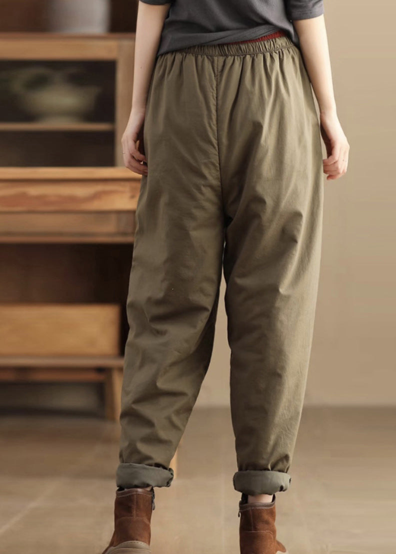 Loose Coffee Pockets Elastic Waist Fine Cotton Filled Pants Winter Th043