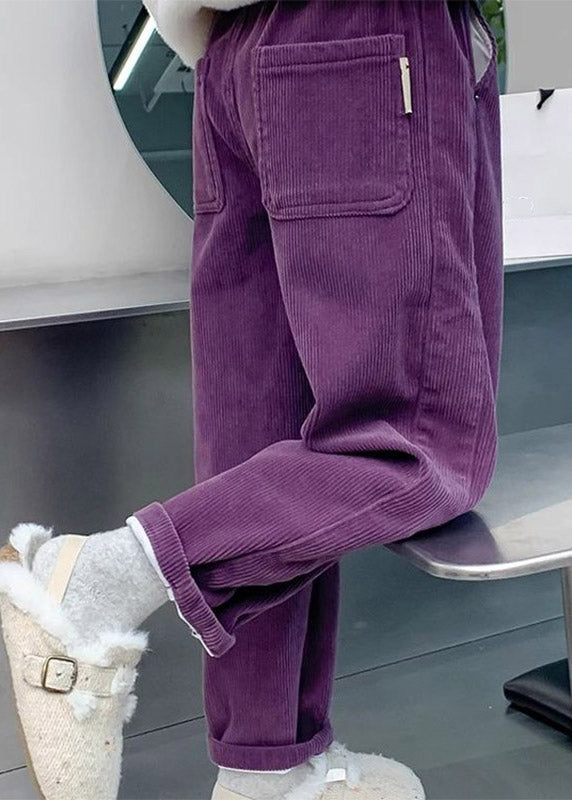 Purple Pockets Elastic Waist Corduroy Kids Straight Pants Spring Tv009