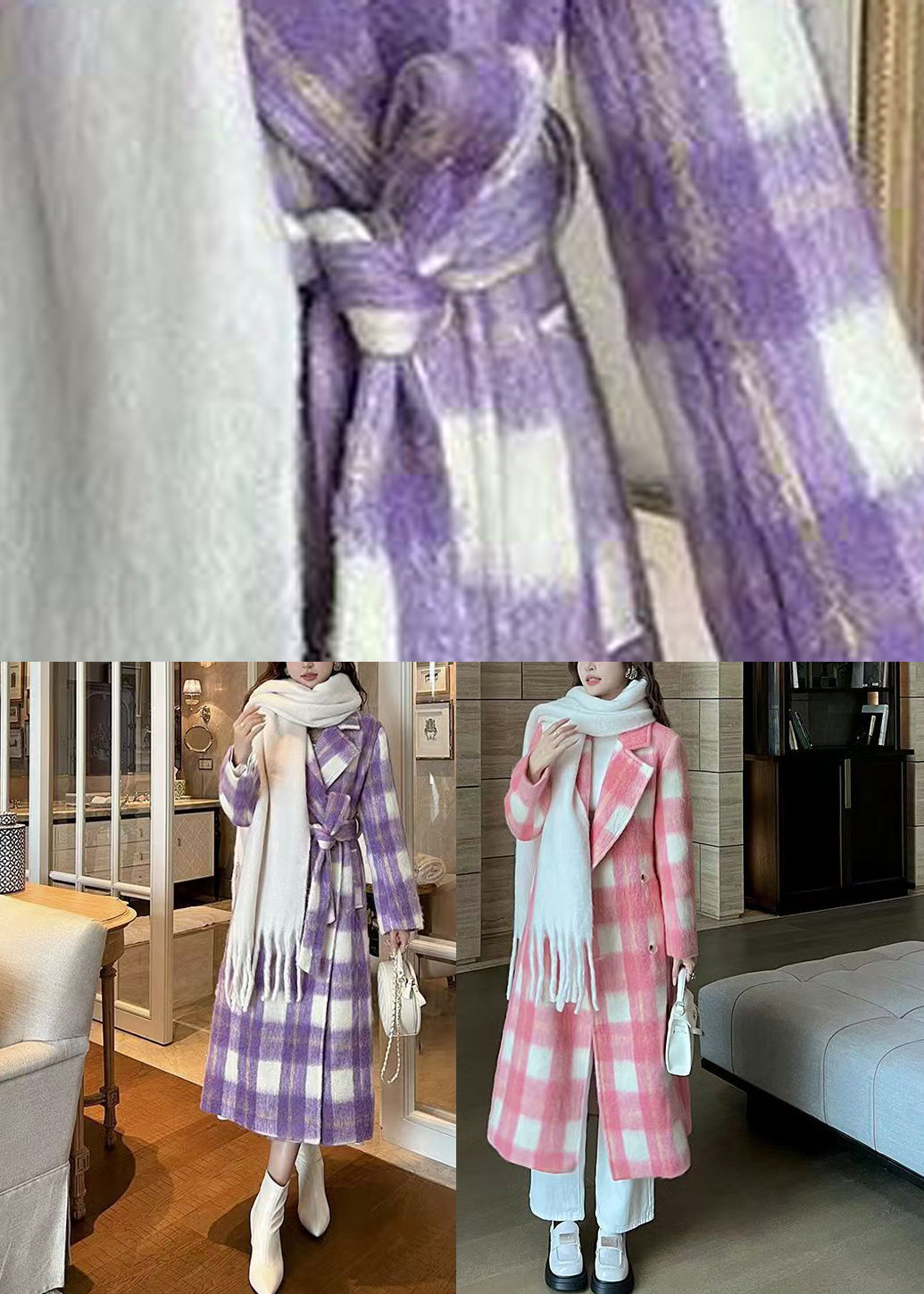 Purple Pockets Plaid Patchwork Long Woolen Coats Winter Rd001