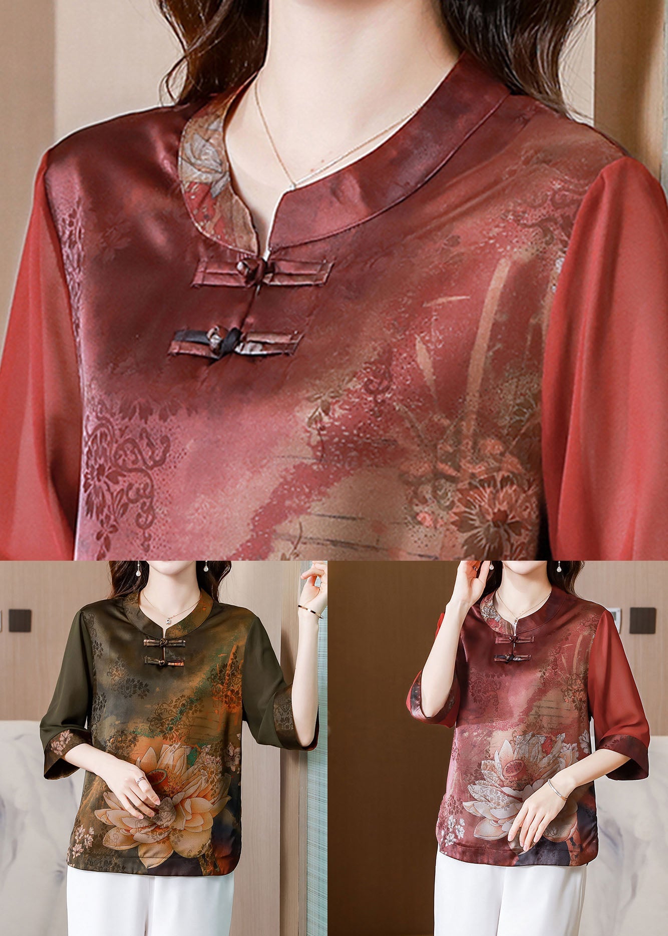 Red Stand Collar Print Patchwork Silk Blouses Summer Ly0431