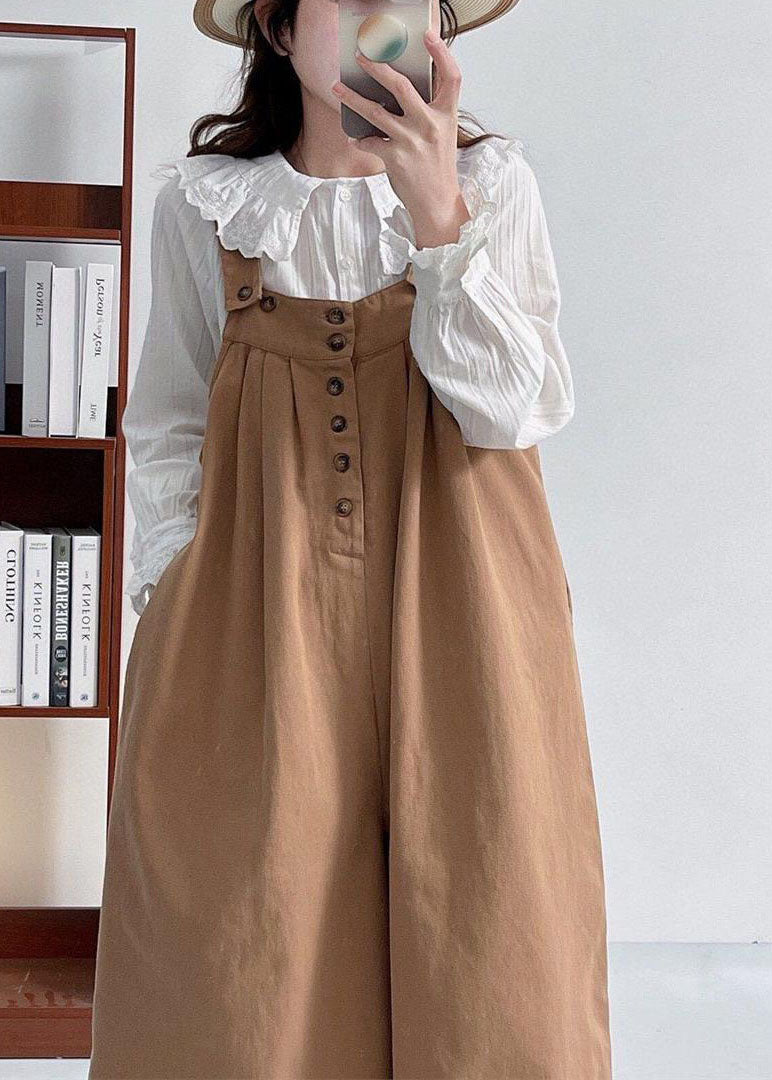 Versatile Coffee Cotton Shoulder Strap Pants Summer Ff026