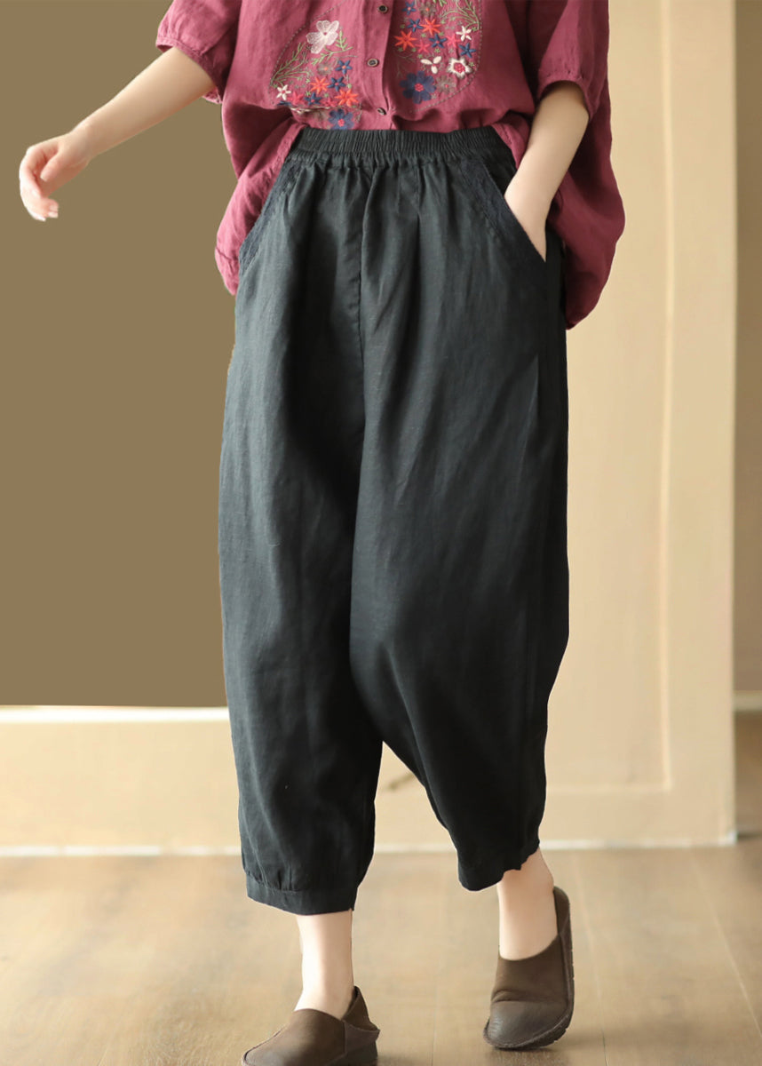Linen Color Pockets Elastic Waist Harem Pants Summer Bv047