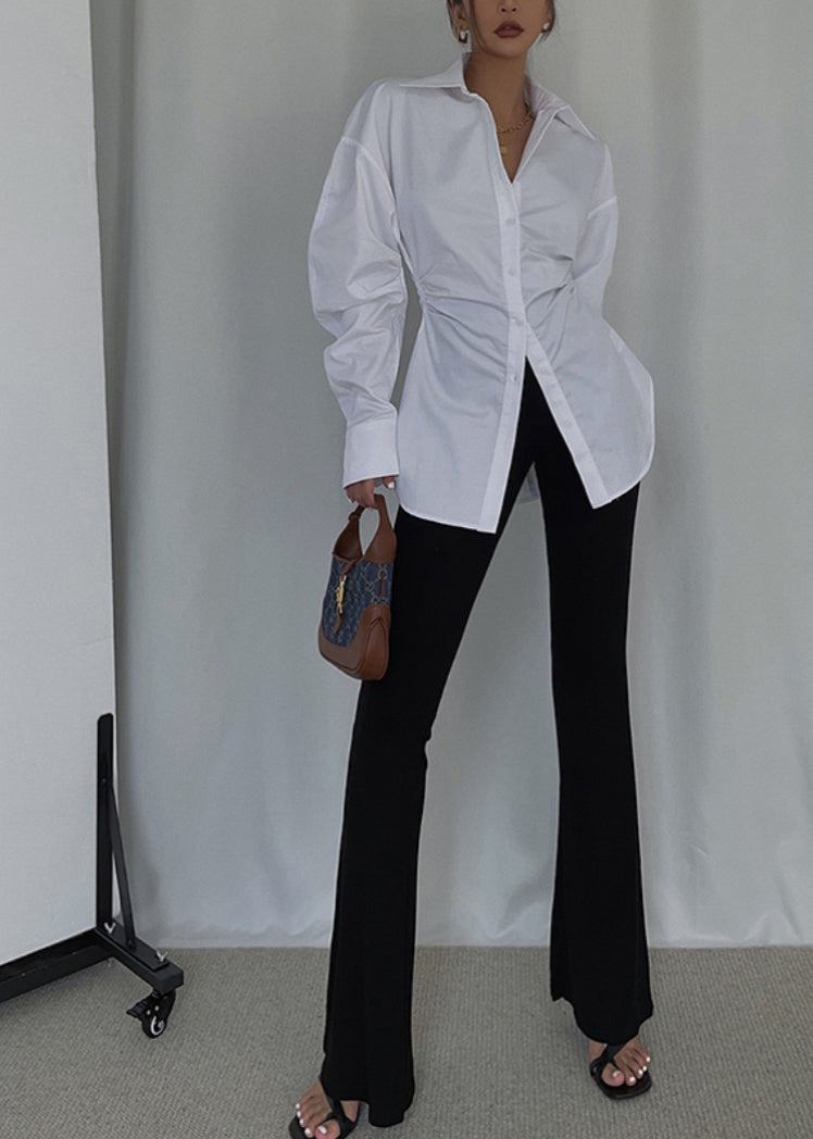 White Cinched Cotton Blouse Tops Spring Tz028