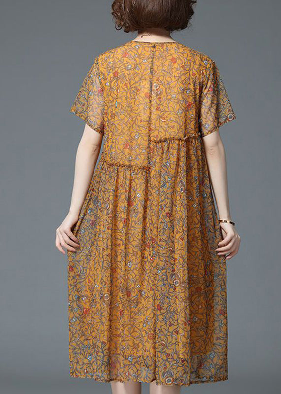 Yellow O-neck Print Patchwork Tulle Long Dresses Summer Vb1020
