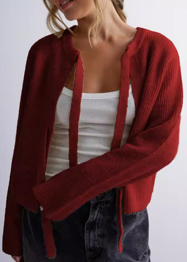 Apricot O Neck Lace Up Knit Loose Coat Fall Qy009