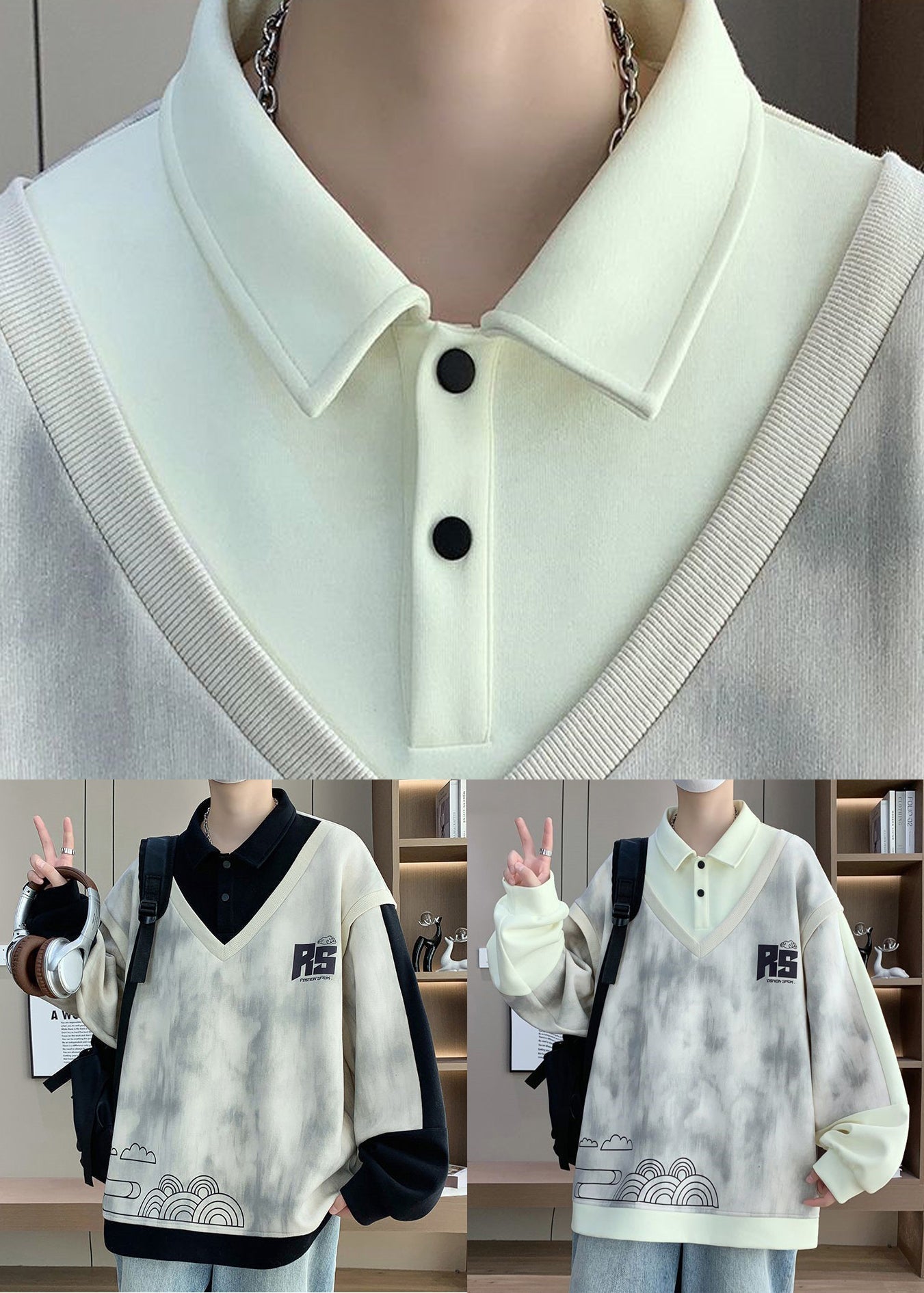 Cotton Button Black Sweatshirts Patchwork Print Spring