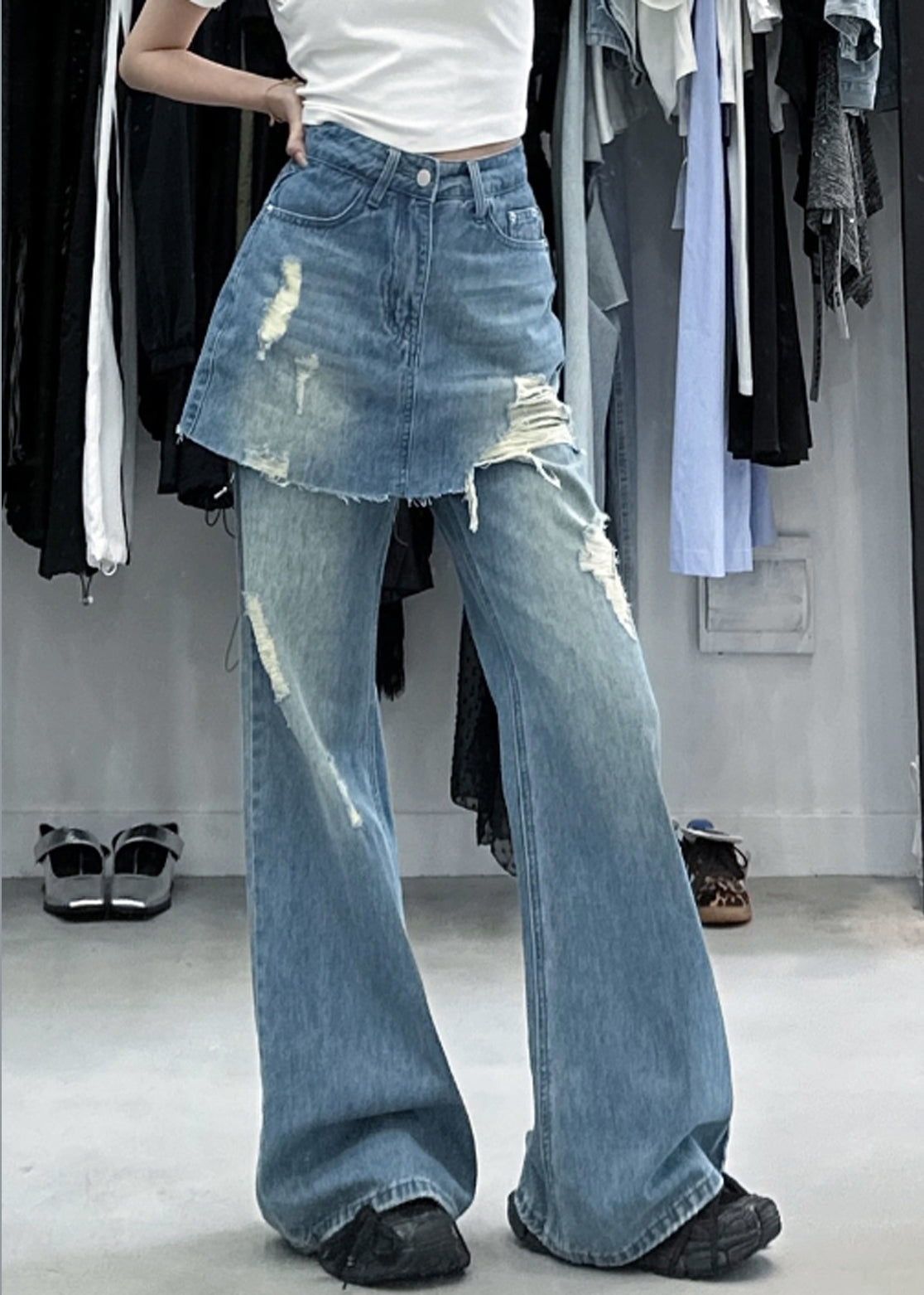 Blue False Two Pieces High Waist Denim Pants Summer Pp013