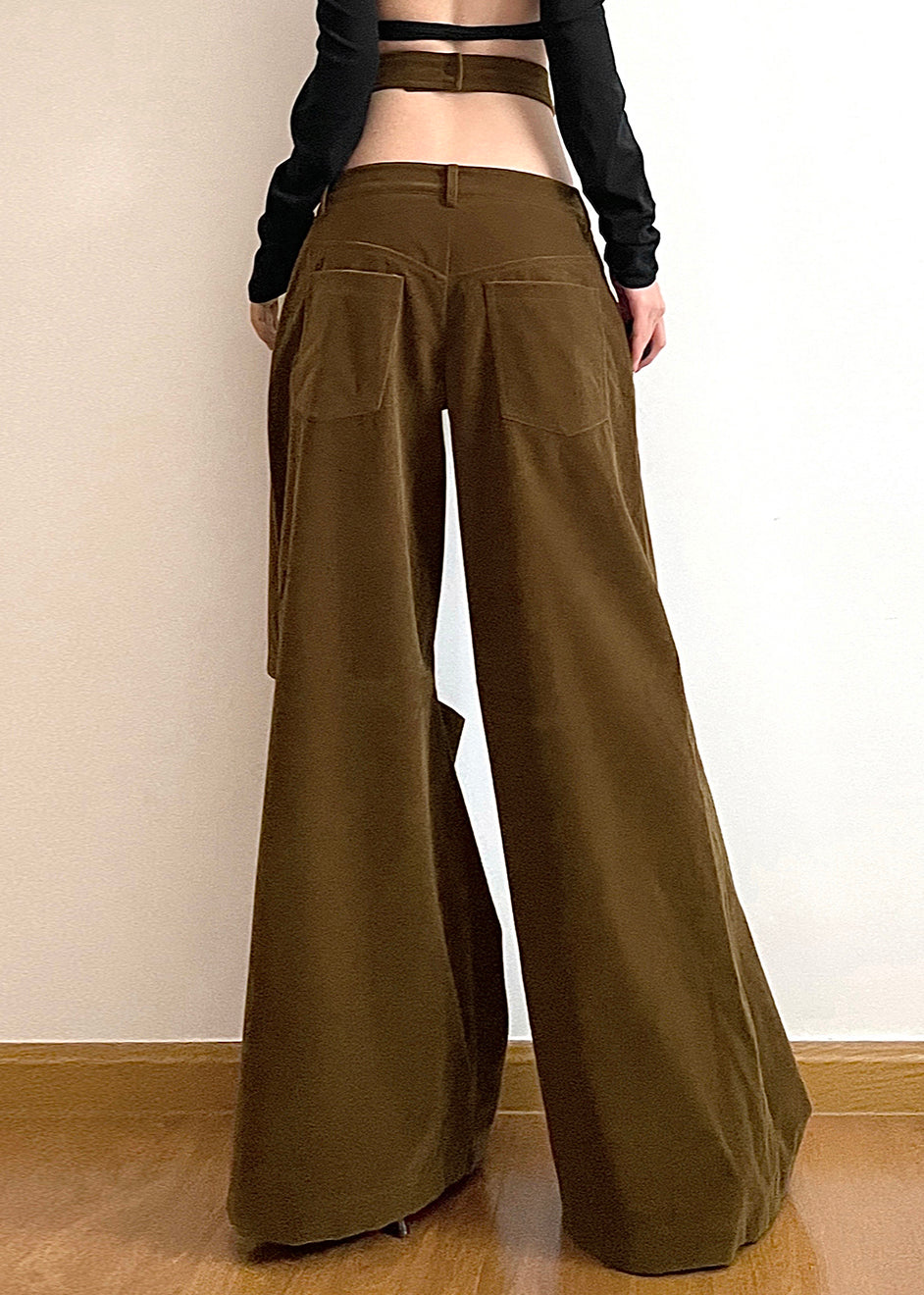 Brown Hollow Out Pockets Cotton Wide Leg Pants Fall Aw1008