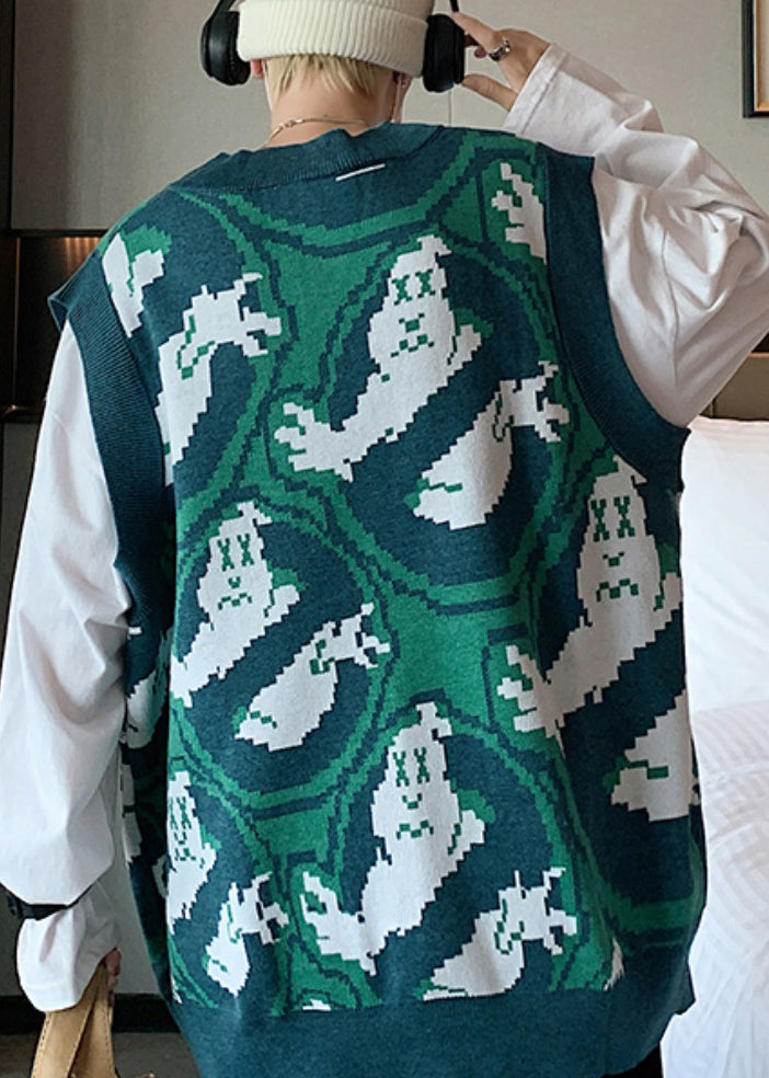 Green V Neck Print Cozy Knit Waistcoat Sleeveless Rj031