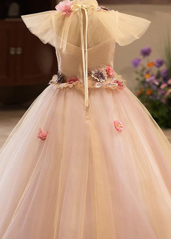 Pink Patchwork Tulle Kids Vacation Maxi Dresses Summer Yg019