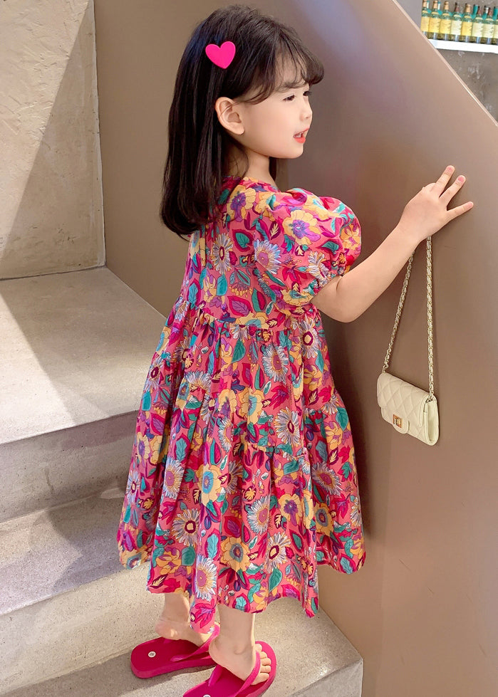 Red O Neck Print Cotton Long Dress Short Sleeve Ew054