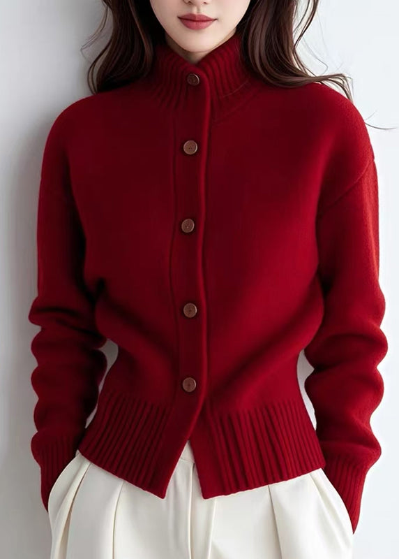 Red Turtleneck Patchwork Cotton Knit Cardigans Spring To040