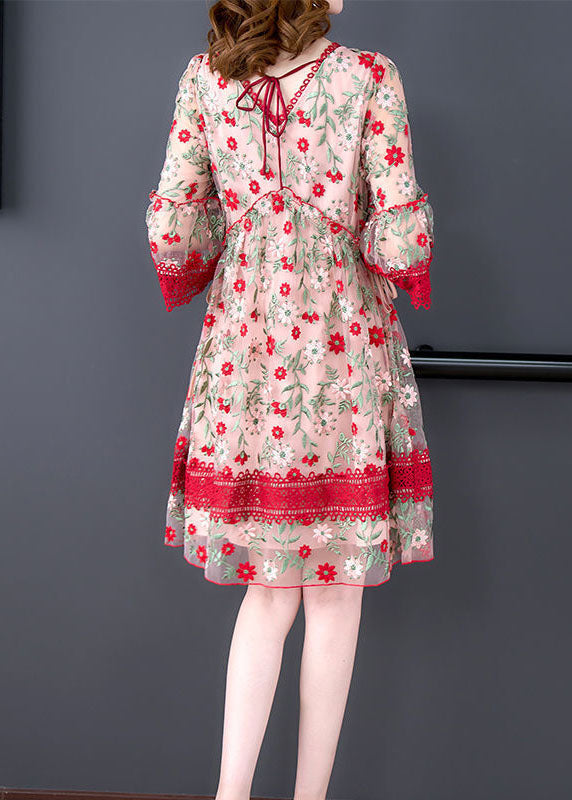Red V Neck Embroideried Lace Patchwork Tulle Maxi Dresses Summer Fr2024