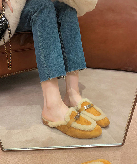 Yellow Slippers Shoes Splicing Fuzzy Wool Lined Rx011
