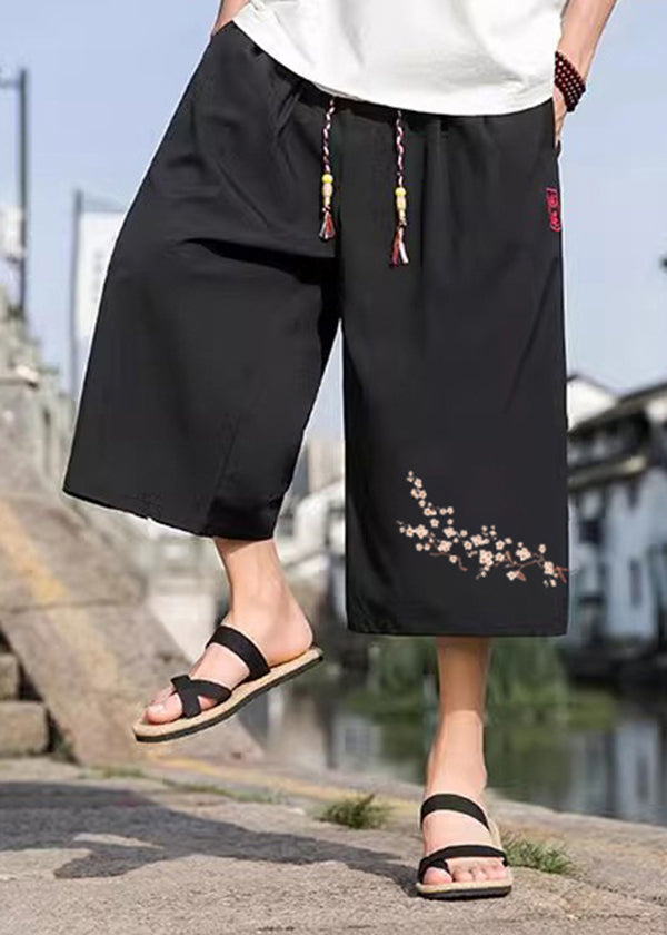 Chinese Style Black Pockets Print Elastic Waist Crop Pants Summer Sa051