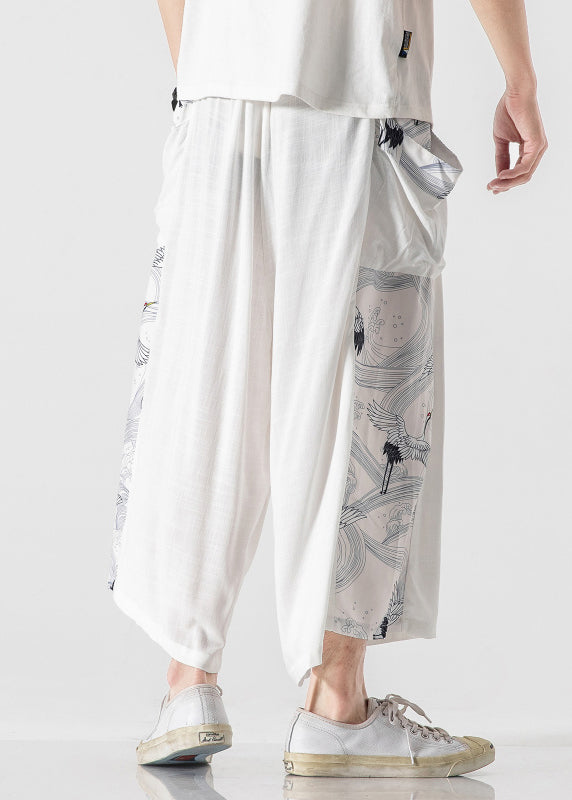 Chinese Style Blue Pockets Print Patchwork Cotton Pants Summer Sa036