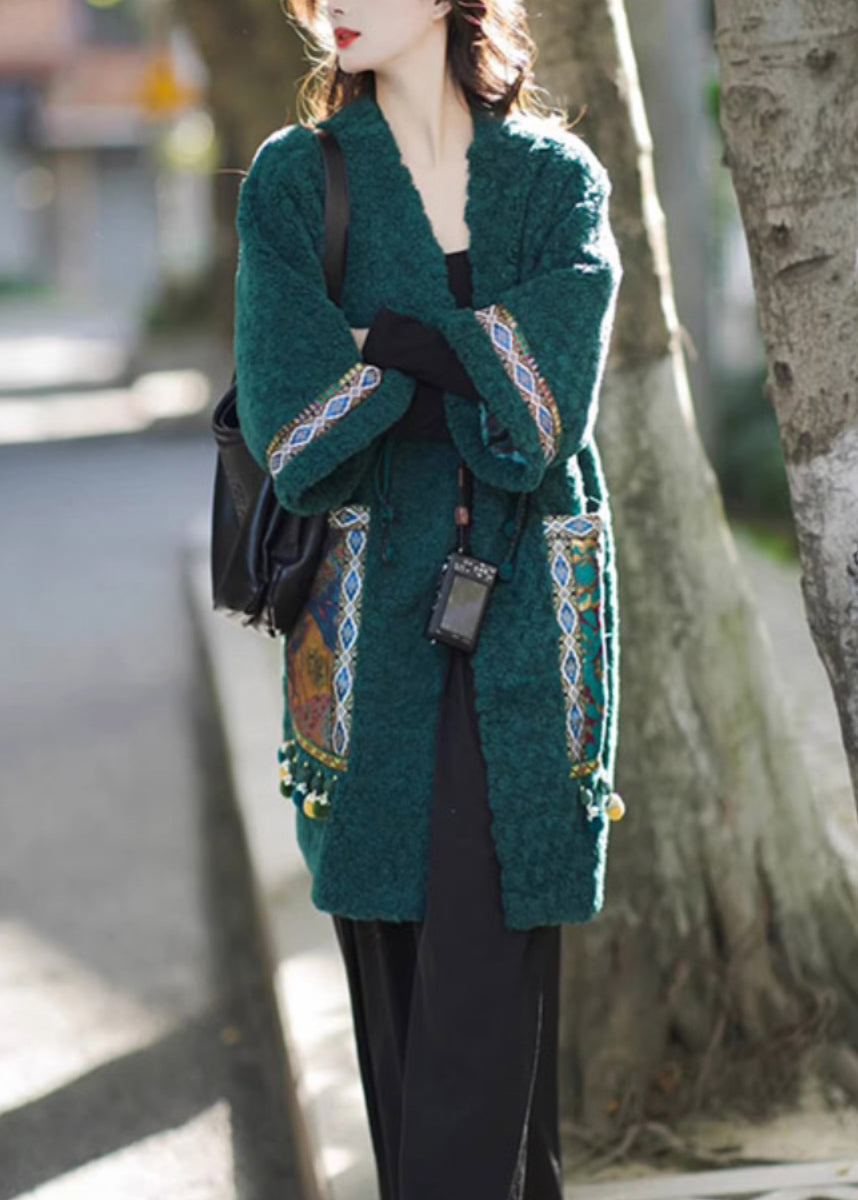 Chinese Style Green Pockets Oriental Button Patchwork Faux Fur Coat Winter Rs044