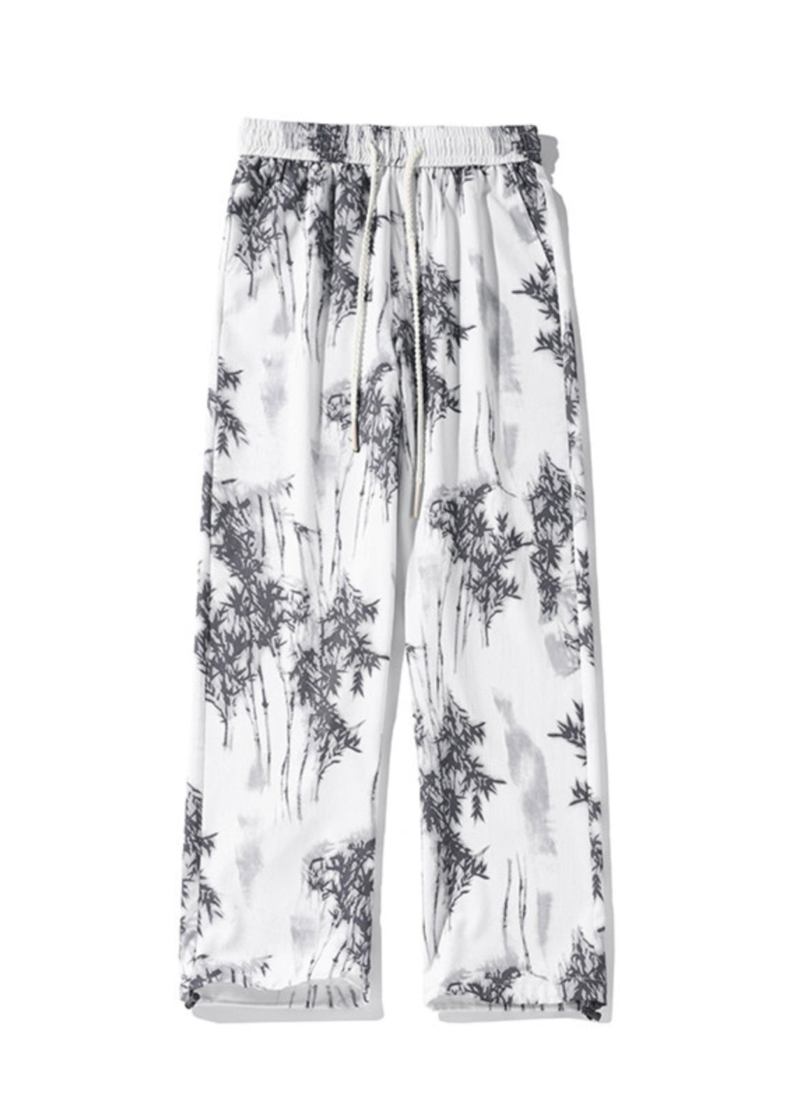 Chinese Style White Pockets Print Ice Silk Pants Summer Yt043