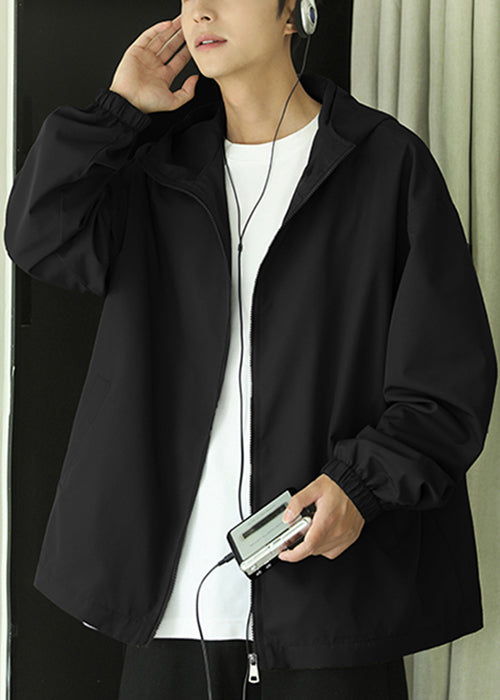 Coat Black Pockets Spring Cotton Zippered Hooded Classy