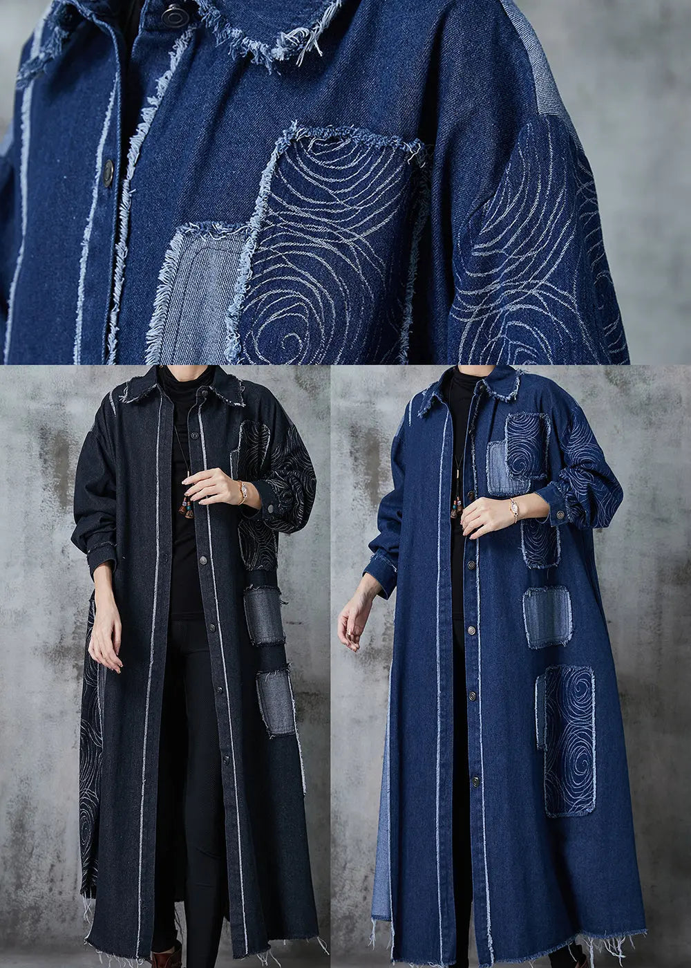 Classy Black Oversized Patchwork Applique Denim Coat Spring Jk1028