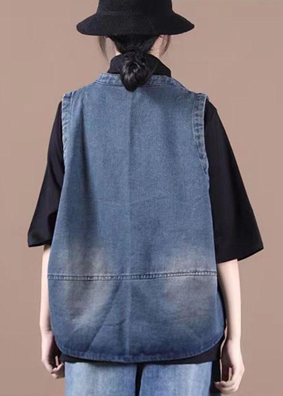 Classy Blue Button Pockets Patchwork Fall Denim Waistcoat Qs058