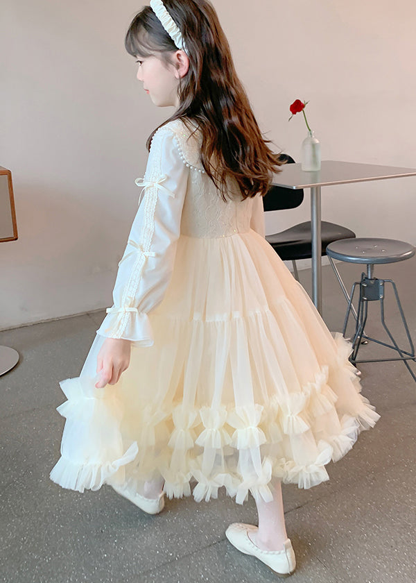 Classy Champagne Ruffled Nail Bead Tulle Patchwork Kids Maxi Dresses Fall Qv040