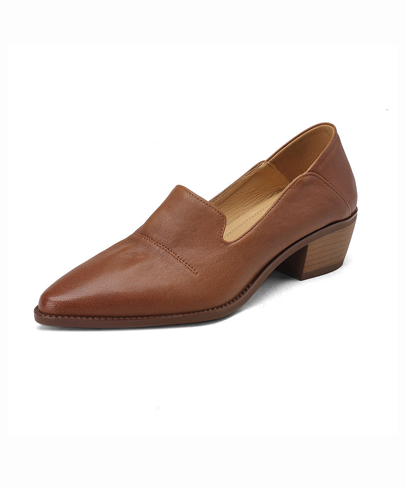 Classy Chunky Loafer Shoes Brown Sheepskin Pointed Toe Ap1011