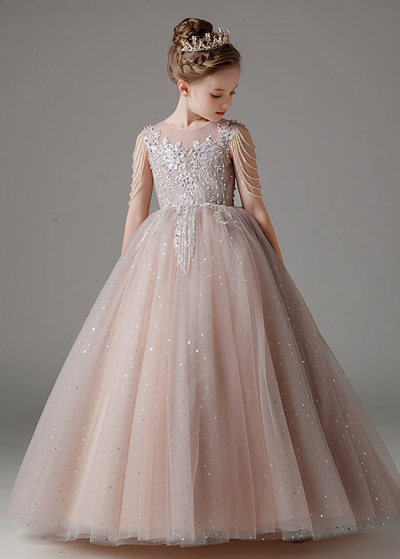 Classy Pink O-neck Sequins Patchwork Tulle Kids Long Dress Sleeveless Qv009