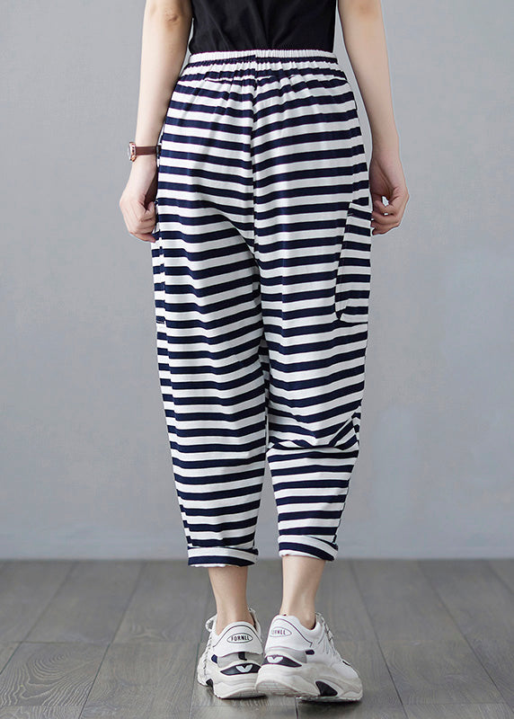 Classy Striped Embroideried Drawstring Elastic Waist Draping Crop Pants Ac2088