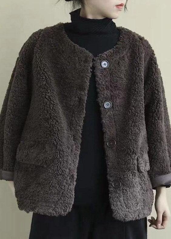Coffee Loose Pockets Button Fall Long Sleeve Coat Qs035