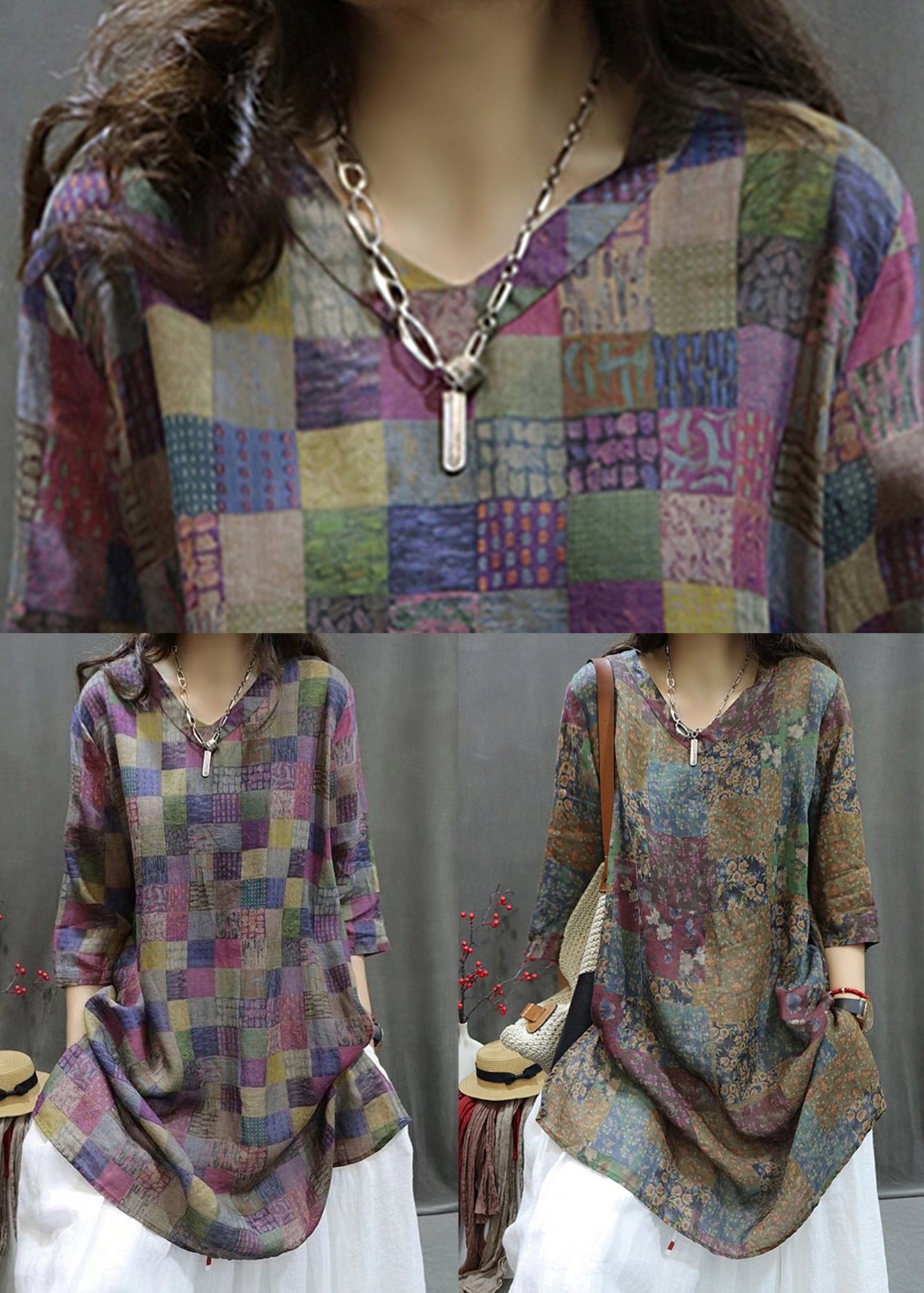 Colorblock Print Side Open Linen Blouse V Neck Summer Gg037