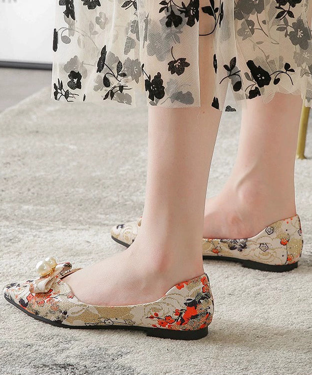 Comfy Black Flat Feet Shoes Cotton Fabric Print Pointed Toe Xc1045
