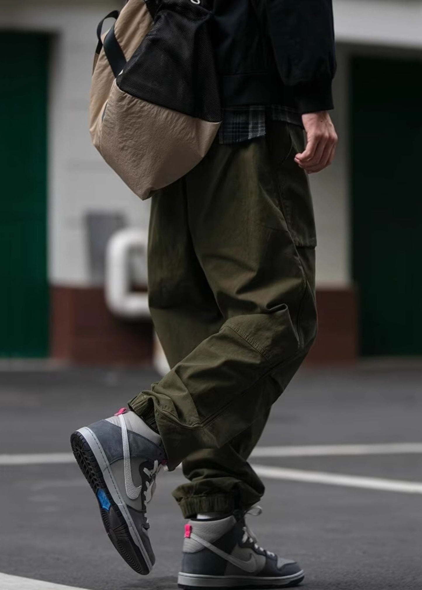Spring Waist Cotton Pants Khaki Pockets Cool Beam Elastic