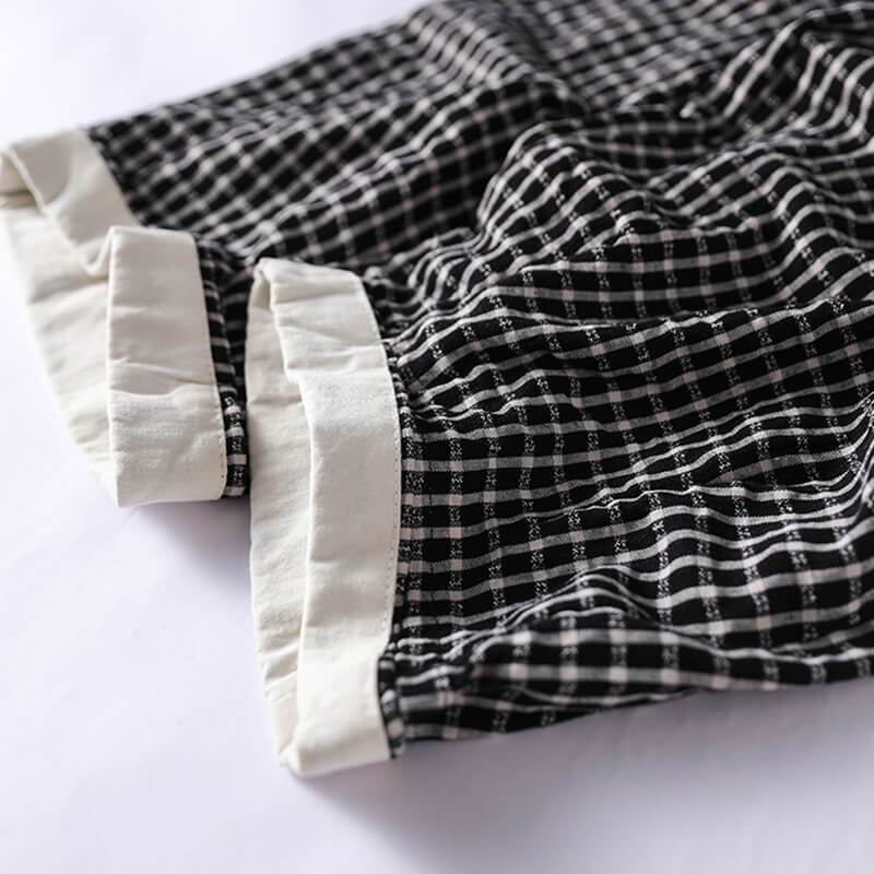 Cotton Linen Plaid Drawstring Pocket Pants Op1023