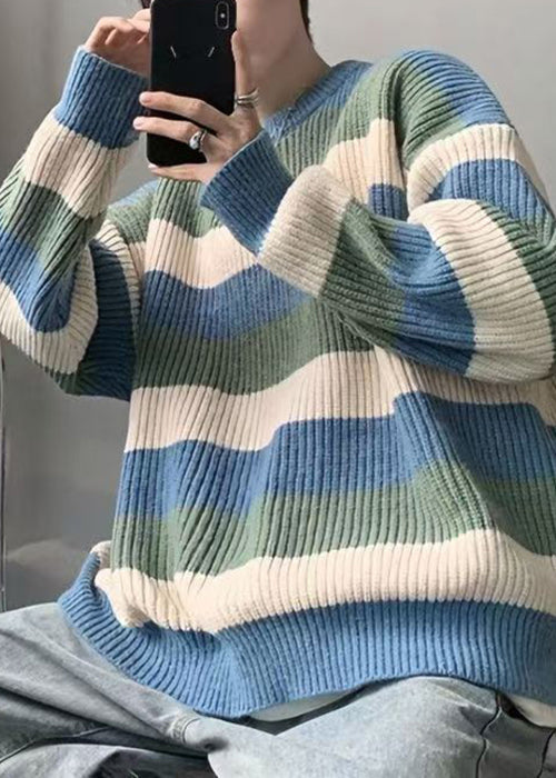 Cozy Green O Neck Striped Knit Sweater Fall Qh028