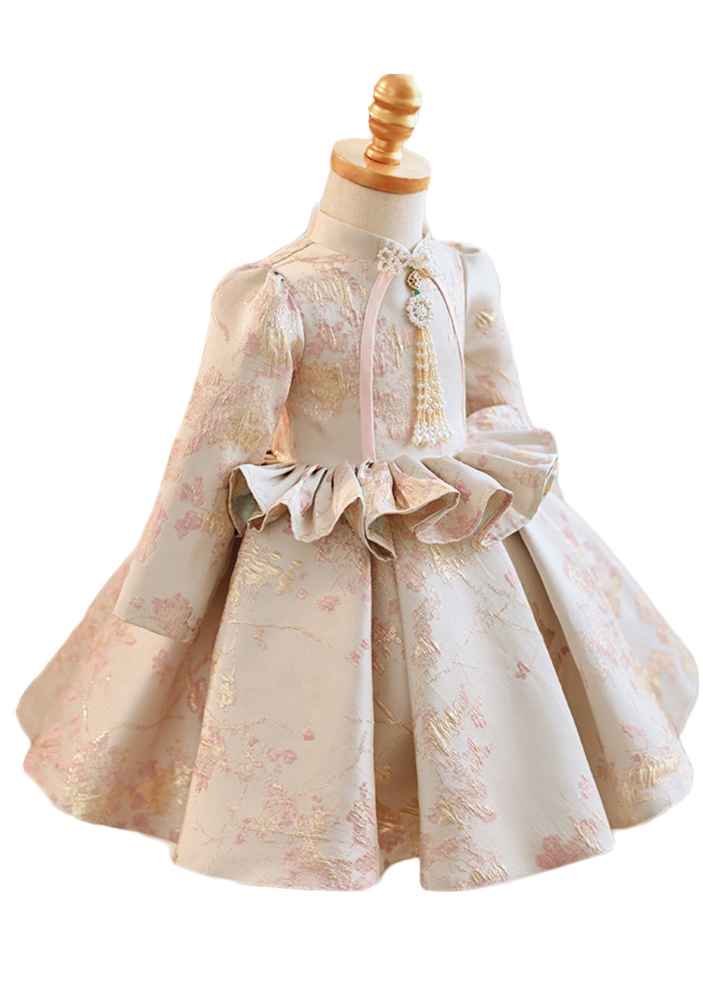 Apricot Stand Collar Embroideried Ruffled Maxi Dresses Spring Yg005