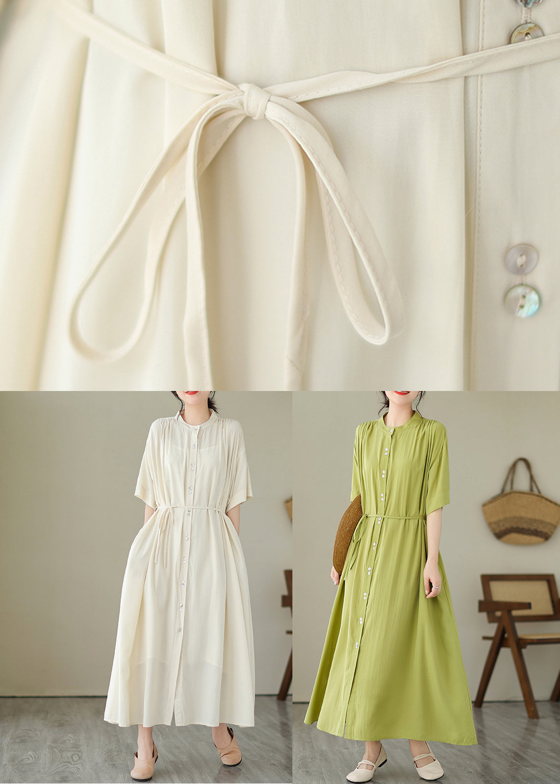 Green O-neck Button Maxi Dresses Summer Gh1032