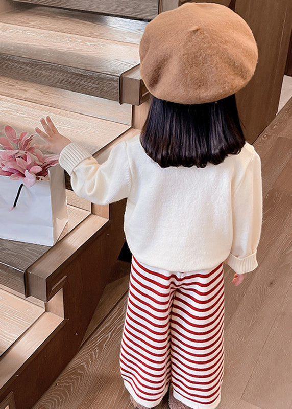 Beige O-neck Cotton Knit Sweaters and Crop Pants Two Pieces Set Spring Tr029