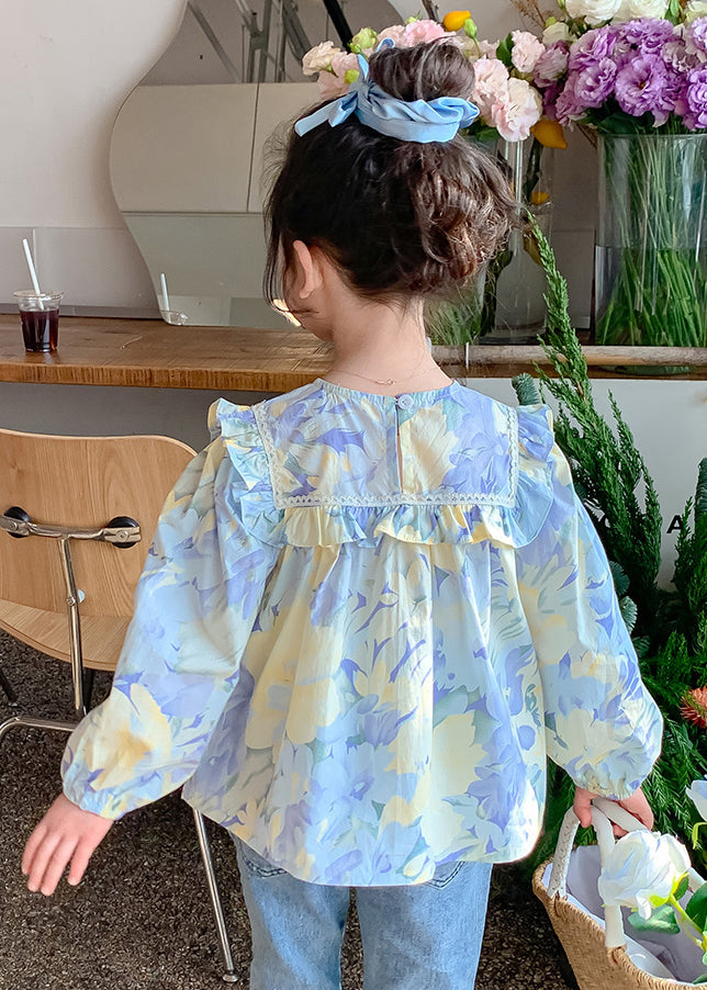 Blue Ruffled Print Cotton Blouses Spring Yu1039