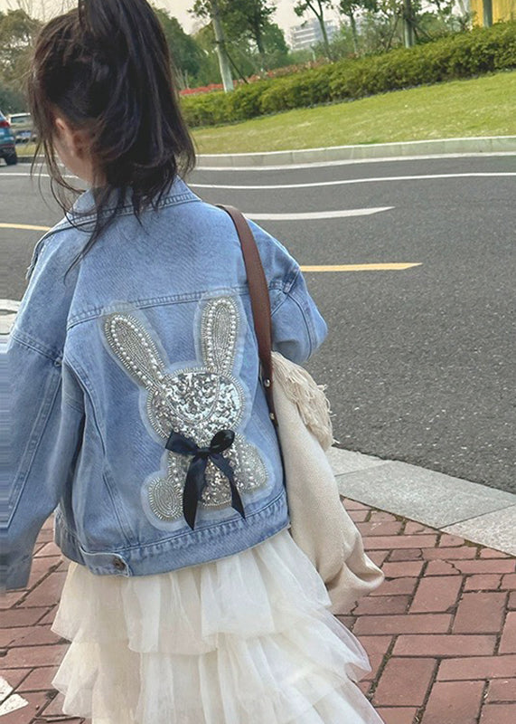 Denim Blue Peter Pan Collar Patchwork Nail Bead Rabbit Button Kids Coats Fall Qv026