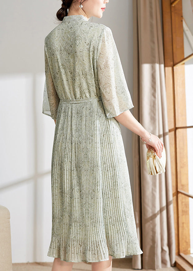Light Green Print Button Tie Waist Chiffon Holiday Maxi Dress Summer Ly1743
