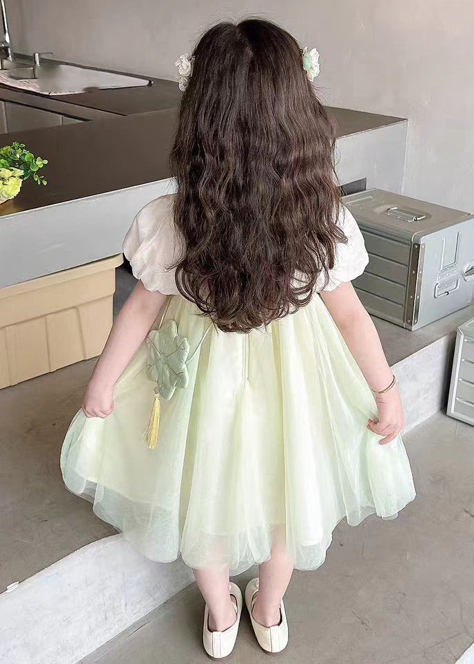 Light Green Square Collar Patchwork Tulle Kids Long Dresses Short Sleeve Mn008