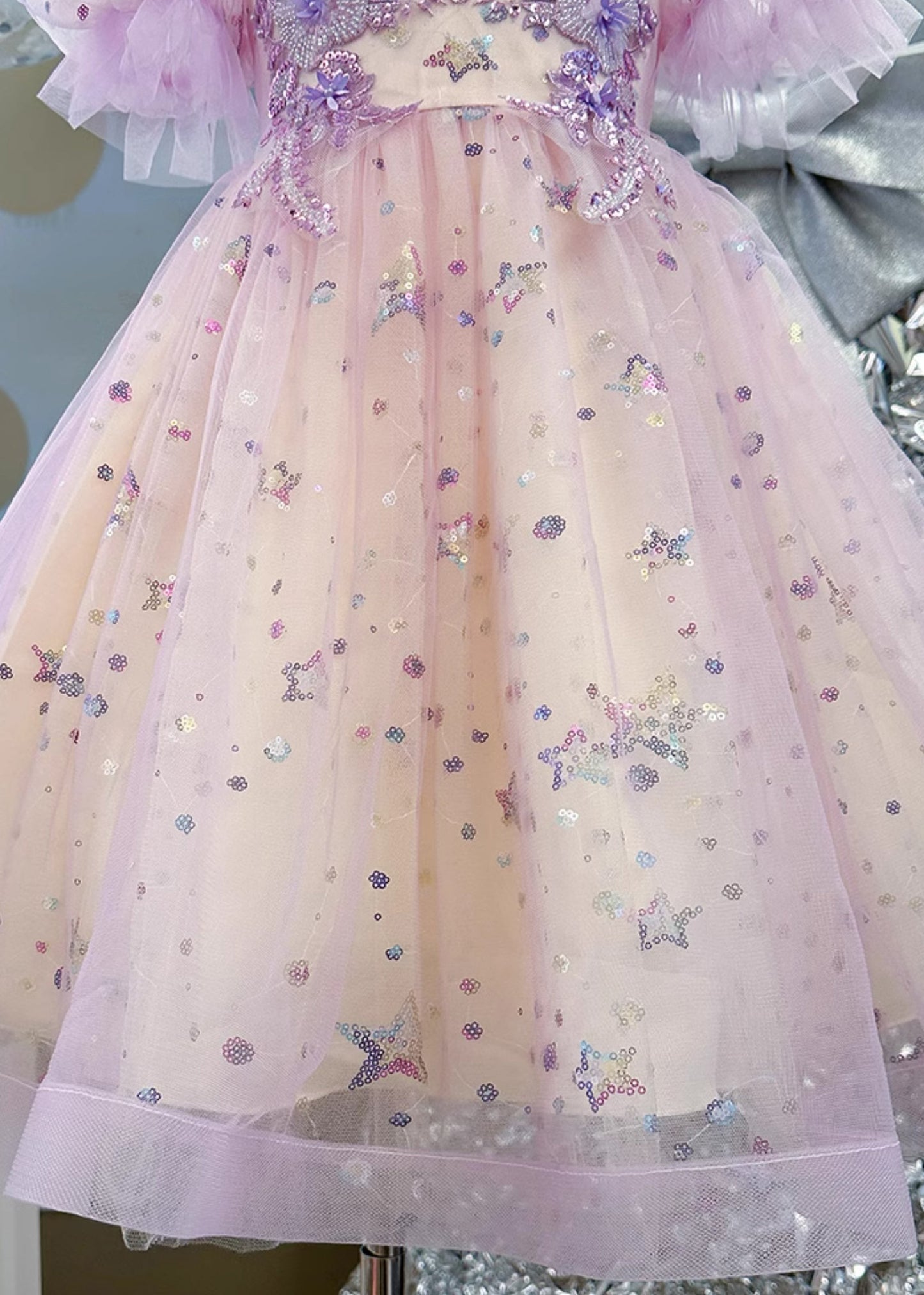 Light Purple Nail Bead Star Tulle Holiday Long Dress Summer Ye007