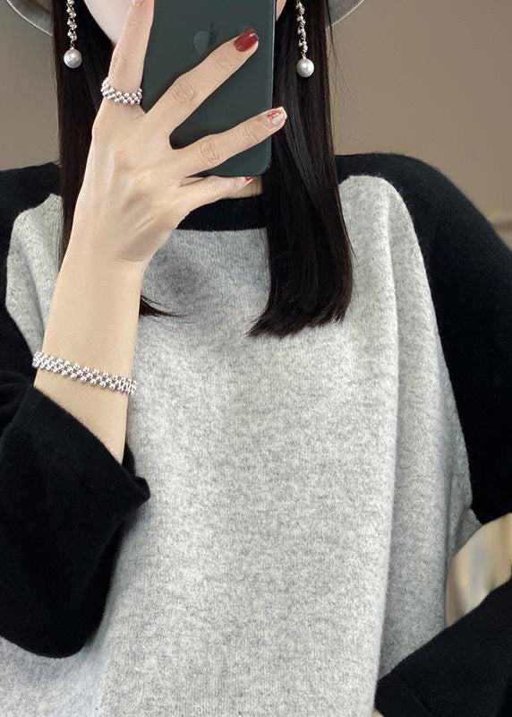 Pink O-neck Patchwork Wool Knit Sweaters Top Fall Qp011