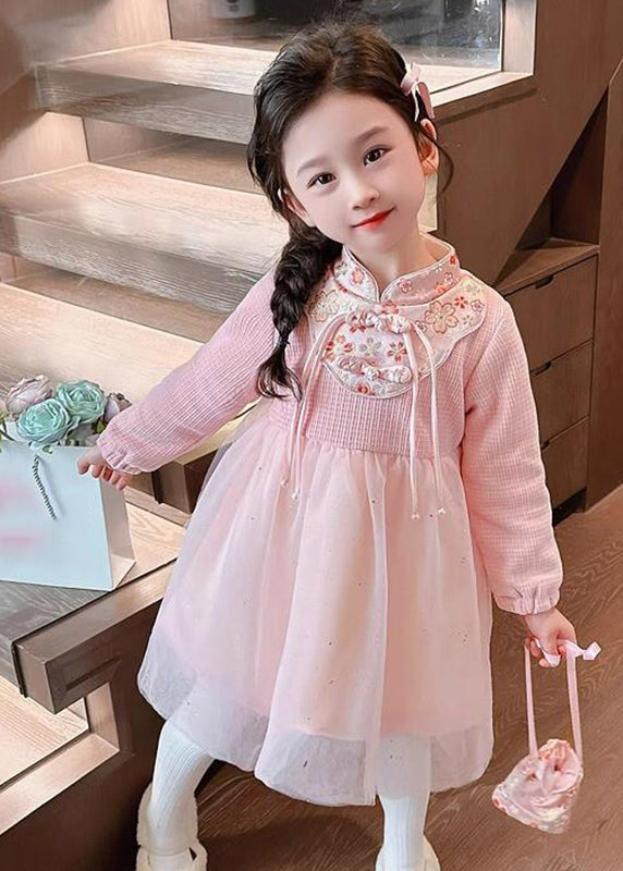 Pink Patchwork Embroideried Tulle Kids Vacation Maxi Dresses Spring Ye019