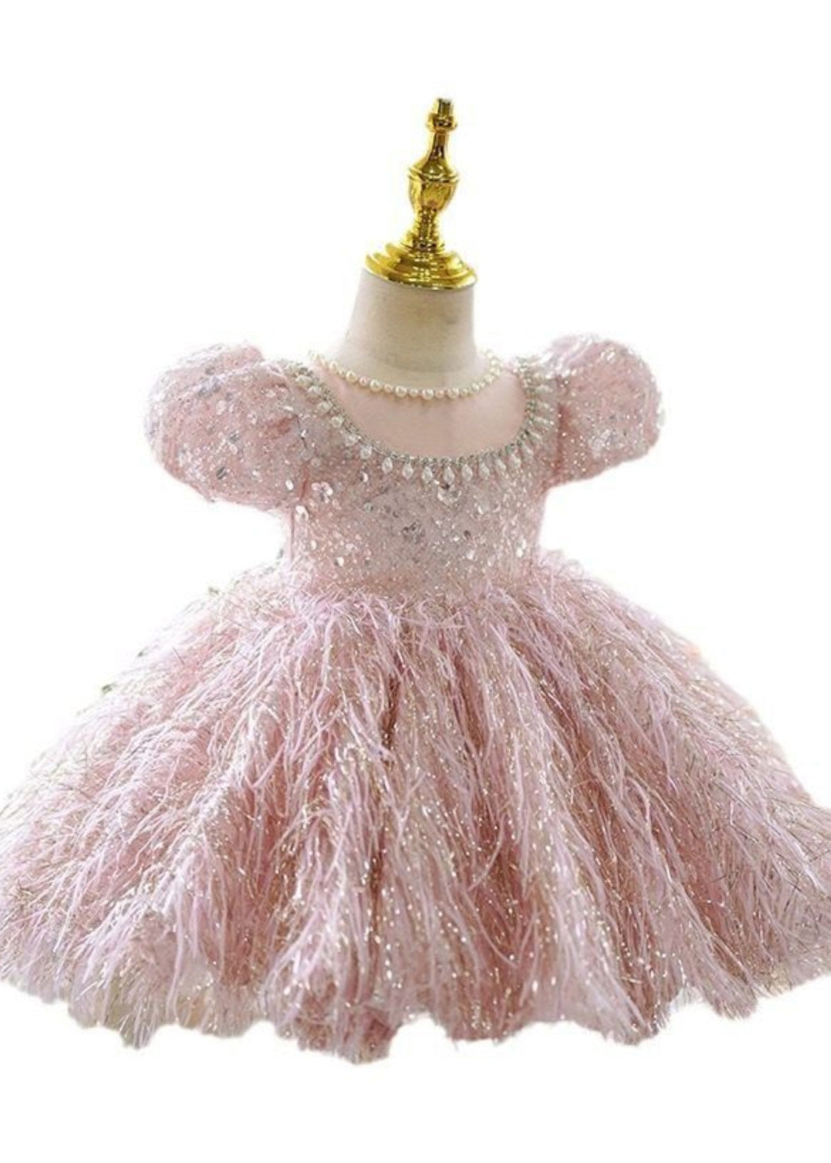 Pink Sequins Pearl Patchwork Tulle Kids Long Dress Short Sleeve Yg002