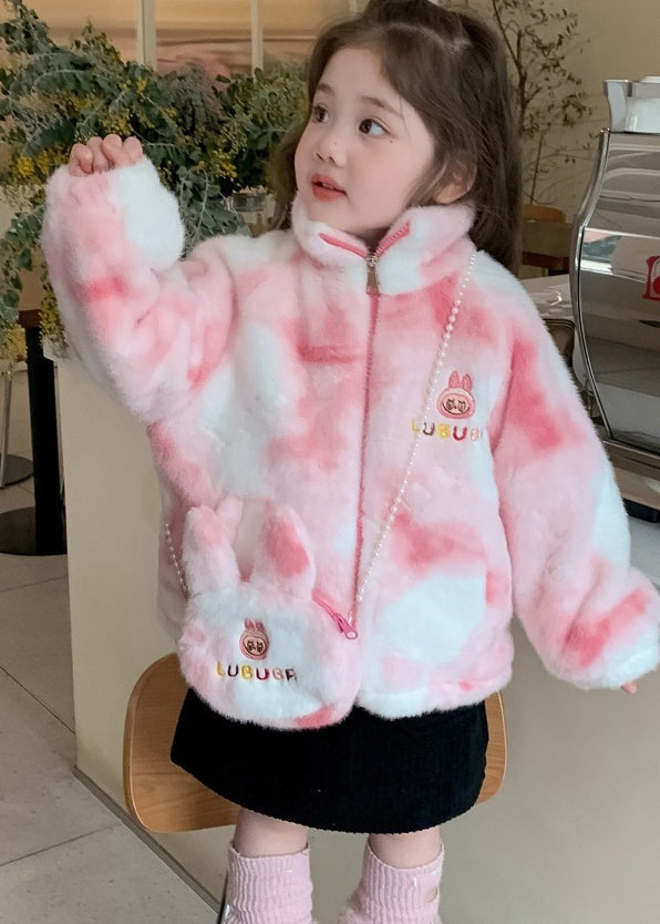 Purple Stand Collar Embroideried Zippered Kids Mink Velvet Coats Wintertg028