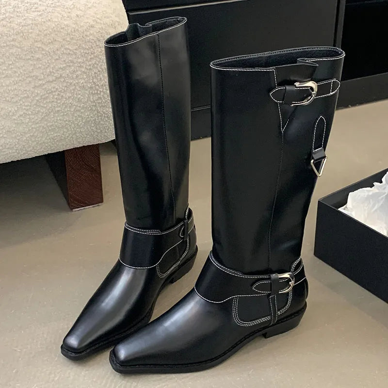 Designer Shoes Western Slip on Pointed Toe Flats Knee High Boots