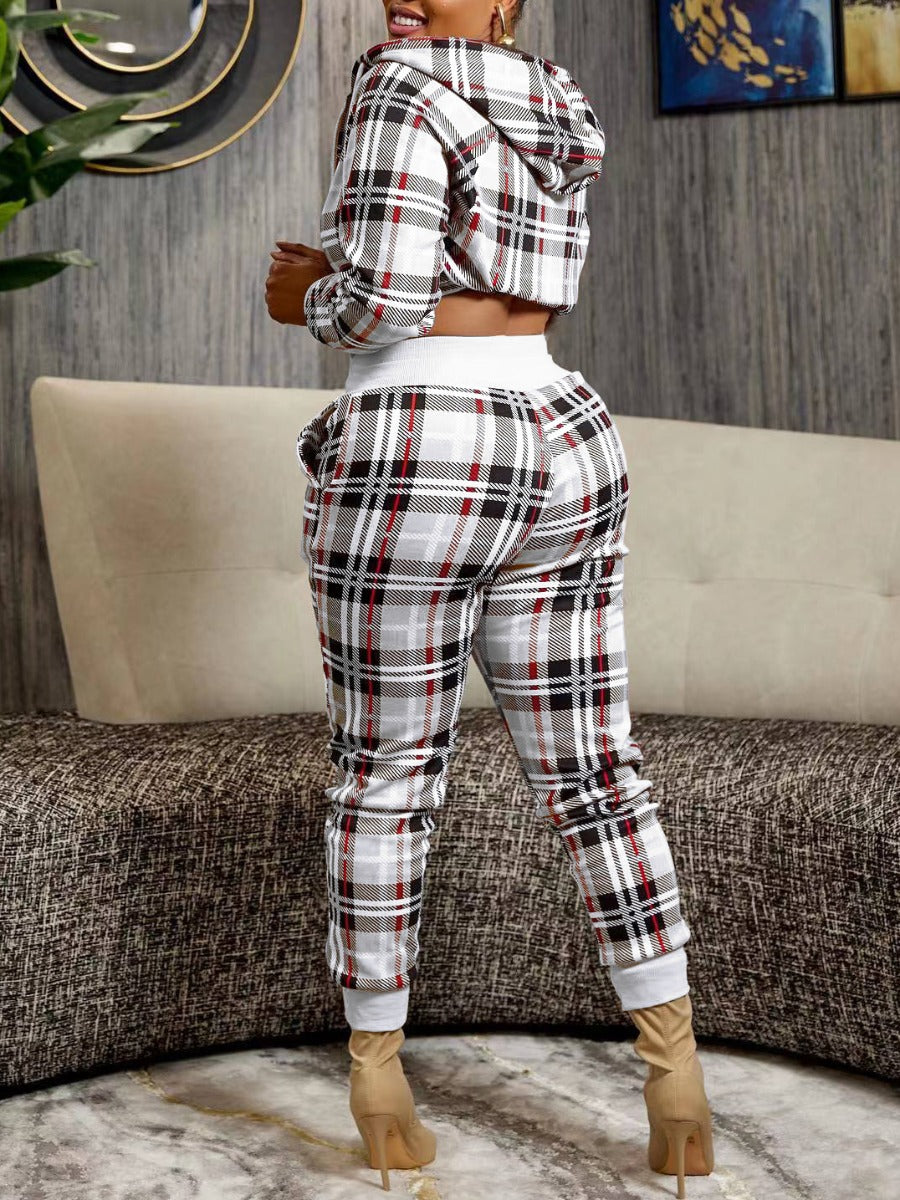 Crop Top Plaid Print Drawstring Pants Set At9068